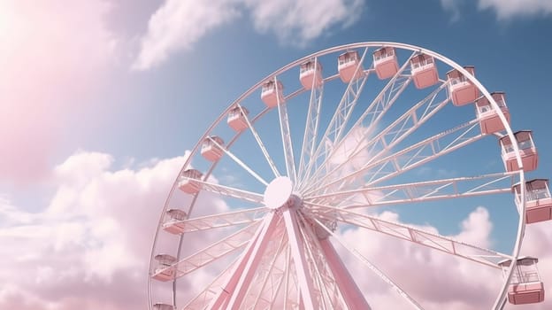 A Ferris wheel at an amusement park with a beautiful cloudy sky in the background. The Ferris wheel is pink and has 10 gondolas. The sky is a gradient of pink and orange, with white clouds.