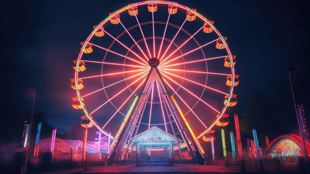 A Ferris wheel at an amusement park is lit up with rainbow colors at night. The Ferris wheel is in focus, and the background is blurry. The Ferris wheel is isolated on a black background.