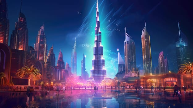 Stunning night view of Dubai downtown with Burj Khalifa, the worlds tallest building. Iconic UAE landmark for travel and tourism, showcasing the urban landscape on the shores of the Persian Gulf.