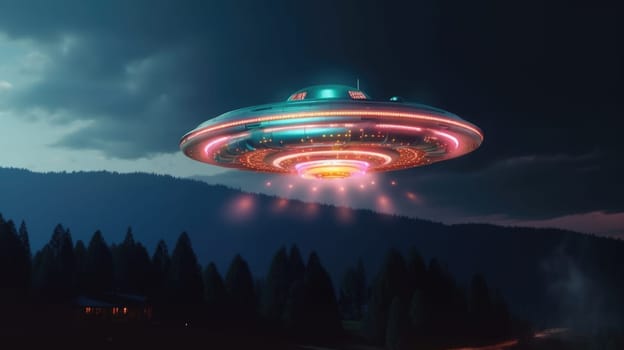 Retro-futuristic flying saucer hovering over a vibrant 1980s city skyline illuminated with neon lights. Ideal for book covers, movie posters, and futuristic-themed projects.