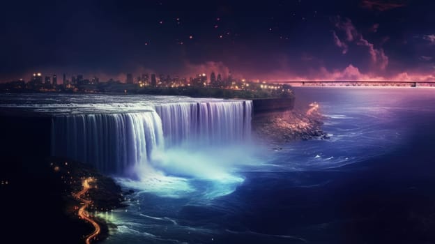 A stunning long exposure shot of Niagara Falls at night, glowing in blue, green, and pink hues. The falls cascade smoothly under a dark sky, with a softly lit bridge in the distance.