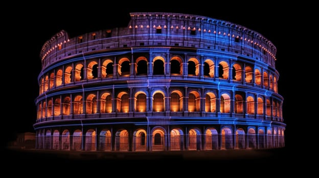 The iconic Coliseum in Rome illuminated at night, showcasing mesmerizing blue and purple lights against a dramatic black backdrop, creating a captivating and enchanting scene.