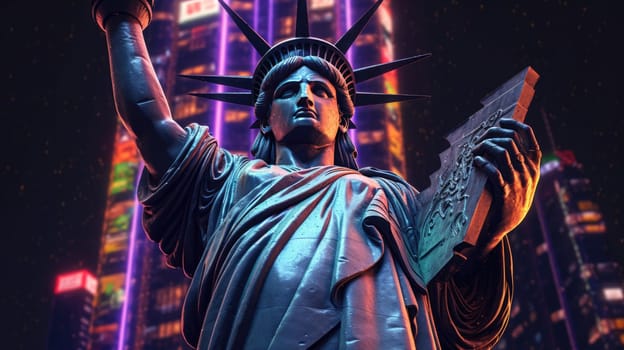 Close up view of Statue of Liberty with a glowing blue and pink neon light at night in futuristic style.