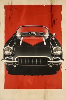 A sleek black vehicle with a stylish grille and automotive lighting is set against a bold red background, showcasing classic automotive design