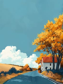 A beautiful painting capturing a house on the side of a road amidst lush trees, with a sky filled with fluffy clouds above. The natural landscape features blooming flowers and a scenic asphalt road