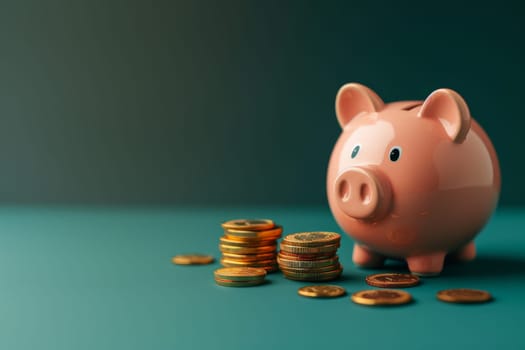 pink piggy bank and a few gold coins on pastel dark green background, saving concept.