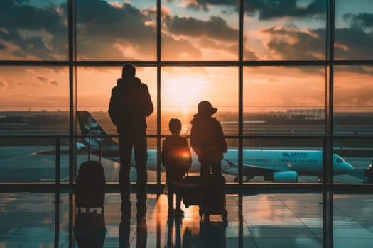 Family Travel trip, silhouette figures of family members inside an airport terminal.