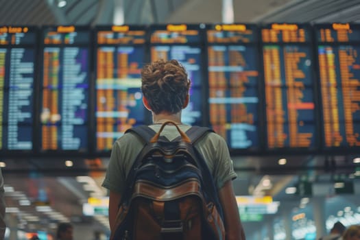 Confused traveler looking at flight information board in a crowded airport terminal, travel trip.