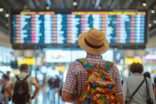 Confused traveler looking at flight information board in a crowded airport terminal, travel trip.