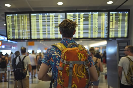 Confused traveler looking at flight information board in a crowded airport terminal, travel trip.