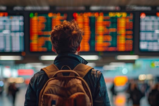 Confused traveler looking at flight information board in a crowded airport terminal, travel trip.