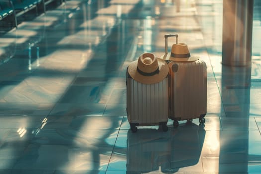 Suitcase and hat in airport terminal waiting area hall, travel concept, summer vacation.