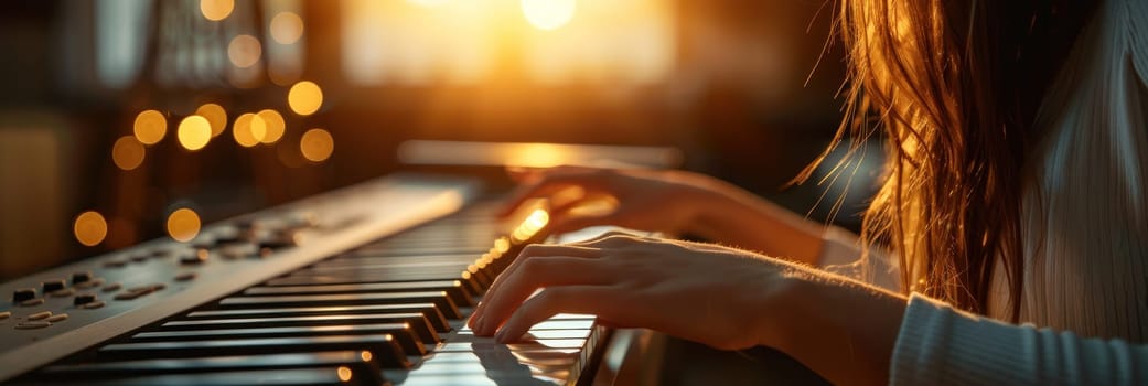 A woman is playing a piano with her hands.