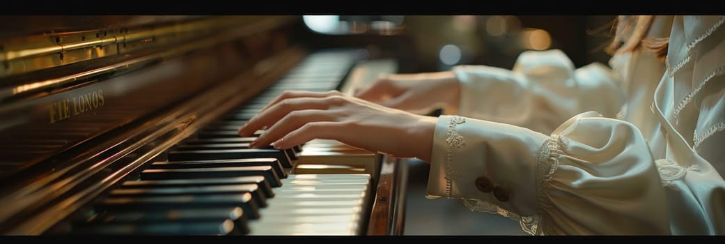 A woman is playing a piano with her hands.