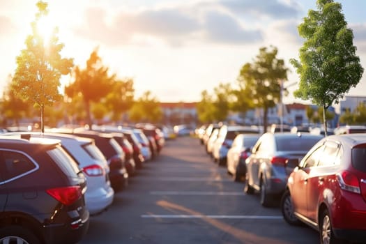 A parking lot with many cars and a tree in the middle..