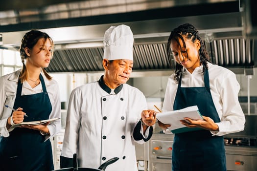Professional Asian senior chef guides diverse students in a restaurant kitchen workshop. Focusing on teamwork learning and note-taking. Educational environment. Food Edocation
