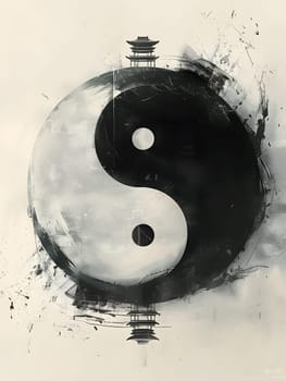 An illustration in black and white of a yin yang symbol with a temple in the background, showcasing the harmony between opposites in art