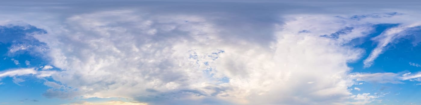 Dark blue sunset sky panorama with pink Cumulus clouds. Seamless hdr 360 pano in spherical equirectangular format. Full zenith for 3D visualization, game, sky replacement for aerial drone panoramas