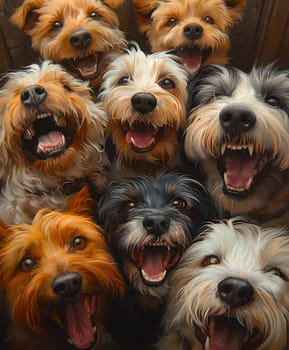 A group of Carnivore mammals, specifically Dog breeds, are posing for a picture with their mouths open. They are Vertebrates and known as Companion dogs, often used as Working animals