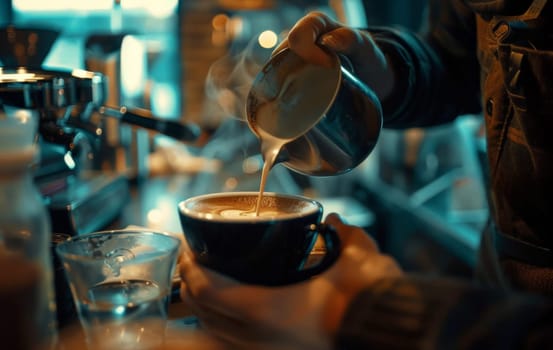 vintage tone of some people pour milk to making latte art coffee at cafe or coffee shop.