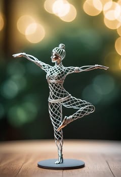 Woman in yoga pose, bent wire figure on nature backdrop, Creative figures symbol of tranquility, art and serenity intersection