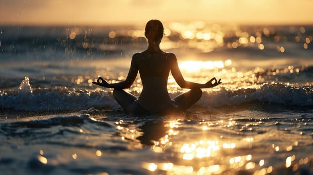 The picture of the young or adult female human doing the yoga pose for relaxation or meditating the mind in the middle of the nature under the bright sun in the daytime of a dawn or dusk day. AIGX03.