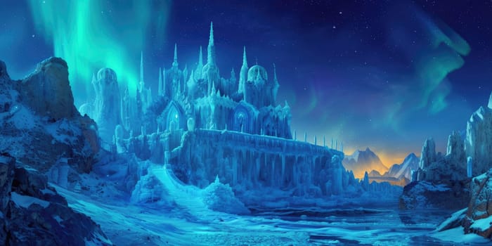 A magical winter wonderland at night, with ice castles, aurora borealis in the sky, and mystical creatures wandering in the snow-covered landscape. C. Resplendent.