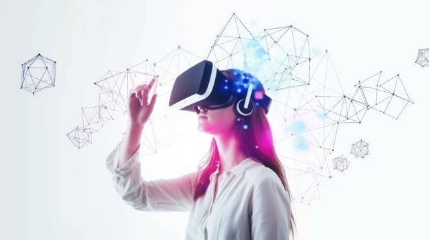 A woman interacts with a virtual reality interface, manipulating geometric shapes in a simulated environment for an advanced digital experience. AIG41