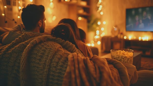 In a dimly lit room, a family gathers on a cozy wooden couch to watch an event on TV, surrounded by art and hardwood furniture. AIG41