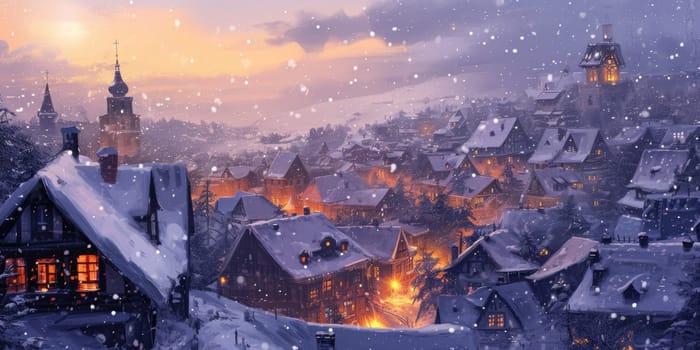 This illustration depicts a magical winter night in a quaint village, with snow-covered rooftops and warmly lit windows inviting a festive spirit. Resplendent.