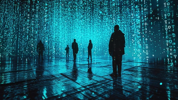 The picture of the group people that has been walking into the endless walkway that has been raining with the digital matrix green binary rain of code that seem like people search something. AIGX01.