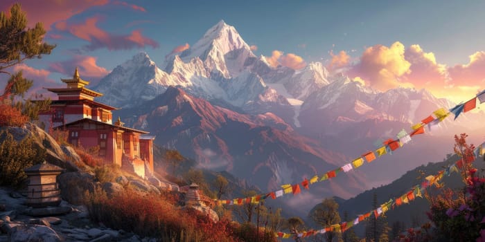 A serene temple adorned with colorful prayer flags stands against the backdrop of majestic snowy mountains illuminated by the sunrise. Resplendent.