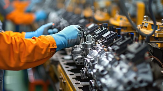 A man is working on an engine in an automotive factory, specializing in the production of motor vehicles and auto parts. AIG41