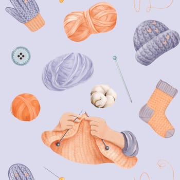 A seamless knitting-themed pattern featuring caring hands knitting fabric. hats socks and mittens. with elements of handicrafts yarn skeins buttons and pins with cotton flowers. watercolor.