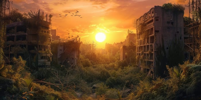 Sunrise brings light to an overgrown cityscape, where nature reclaims abandoned buildings in a scene of serene post-apocalyptic beauty. Resplendent.