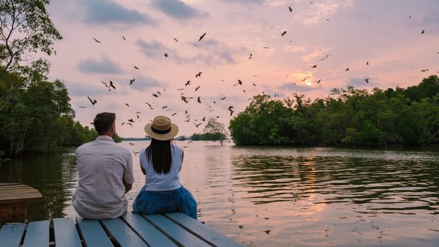 Sea Eagles at sunset in the mangrove of Chantaburi in Thailand, couple of men and women watching the sunset on a wooden pier with eagles flying around over the mangrove forest