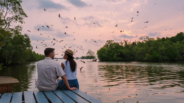 Sea Eagles at sunset in the mangrove of Chantaburi in Thailand, Red backed sea eagle , young couple of men and women watching the sunset on a wooden pier