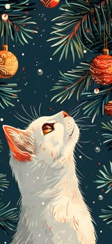 A carnivorous vertebrate organism, a white cat, gazes up at Christmas ornaments adorning a beautiful evergreen Christmas tree, illuminated by festive lights, blending art and nature