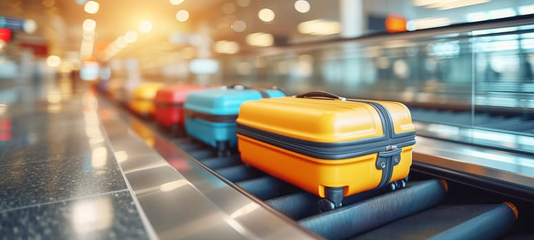 Baggage and suitcases on an airport terminal conveyor belt.