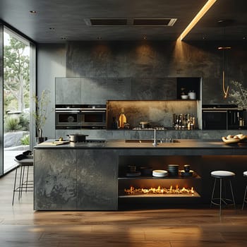 A sleek modern kitchen with state-of-the-art appliances, illustrating interior design.