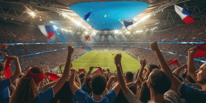 A lively crowd of fans with arms raised enthusiastically watch a soccer game in a vibrant stadium, amidst the green grass of a sport venue. AIG41