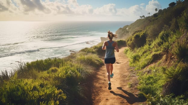 A woman enjoys leisurely running along a coastal path, surrounded by the natural landscape of ocean, sky, plants, beach, and grass. AIG41