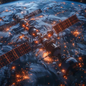 3D-rendered image of space station observing Earth Hour with lights turned off against cosmos.