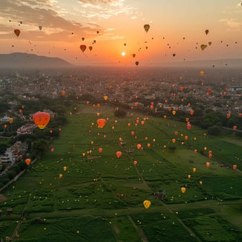 Aerial view of lush green field with kites flying above for Pakistani Spring Festival.