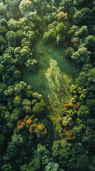 Aerial view of lush green field with kites flying above for Pakistani Spring Festival.