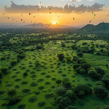 Aerial view of lush green field with kites flying above for Pakistani Spring Festival.