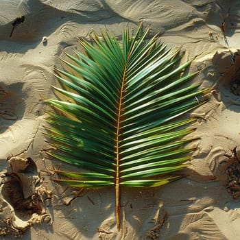 Artful arrangement of palm fronds on sandy beach, representing Palm Sunday.