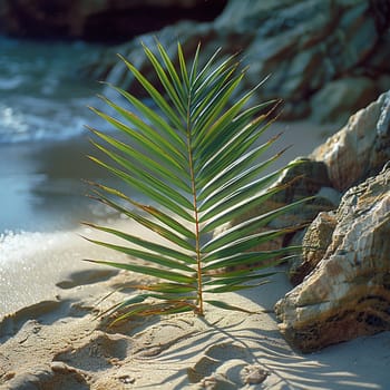 Artful arrangement of palm fronds on sandy beach, representing Palm Sunday.