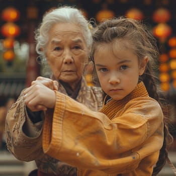 Cinematic still of young girl learning martial arts from her grandmother on Women's Day.