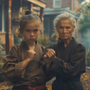 Cinematic still of young girl learning martial arts from her grandmother on Women's Day.